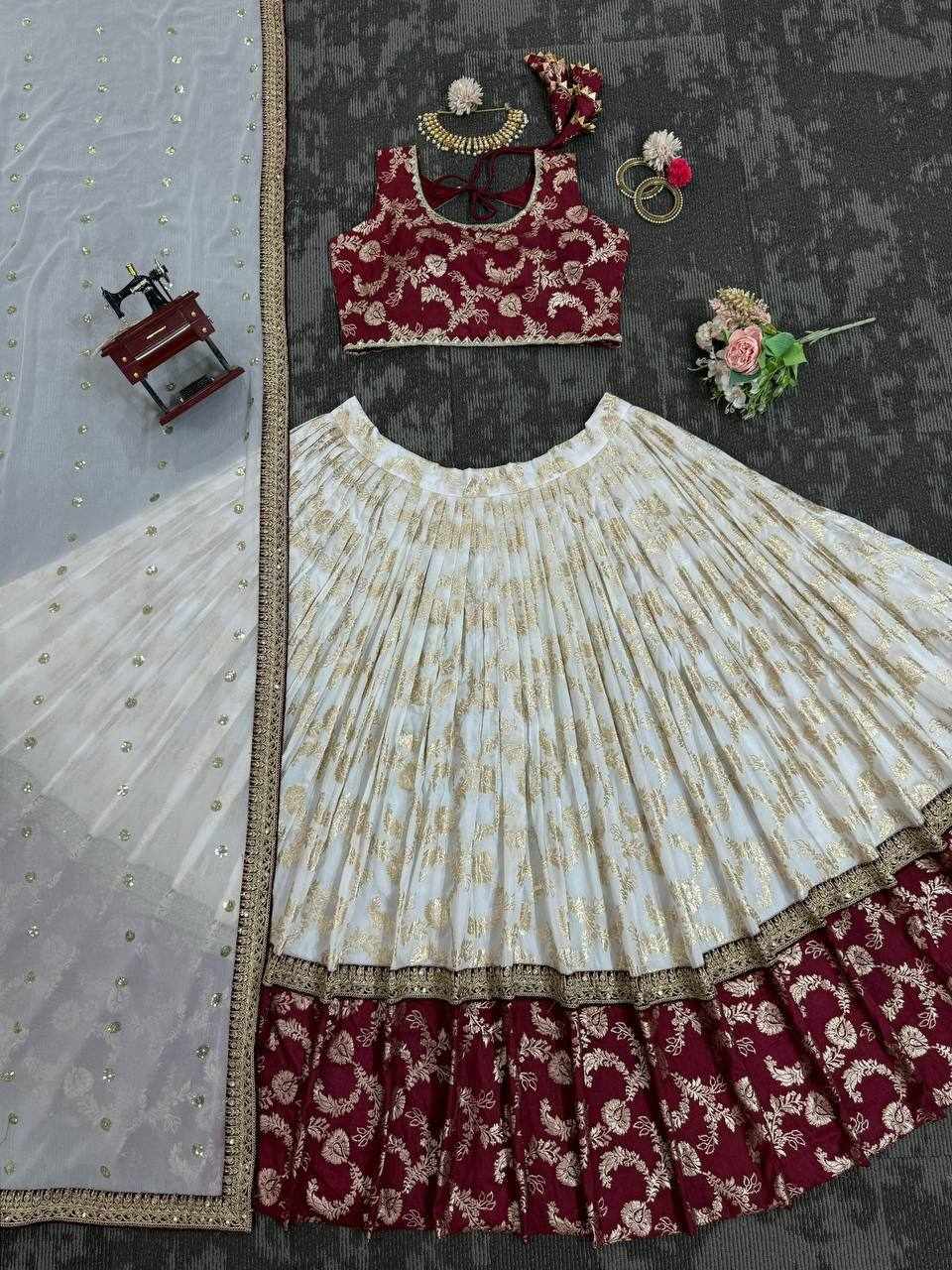 QRC 318 Jequrd Codeing with Sequnce Semi Stitch Red Lehengha