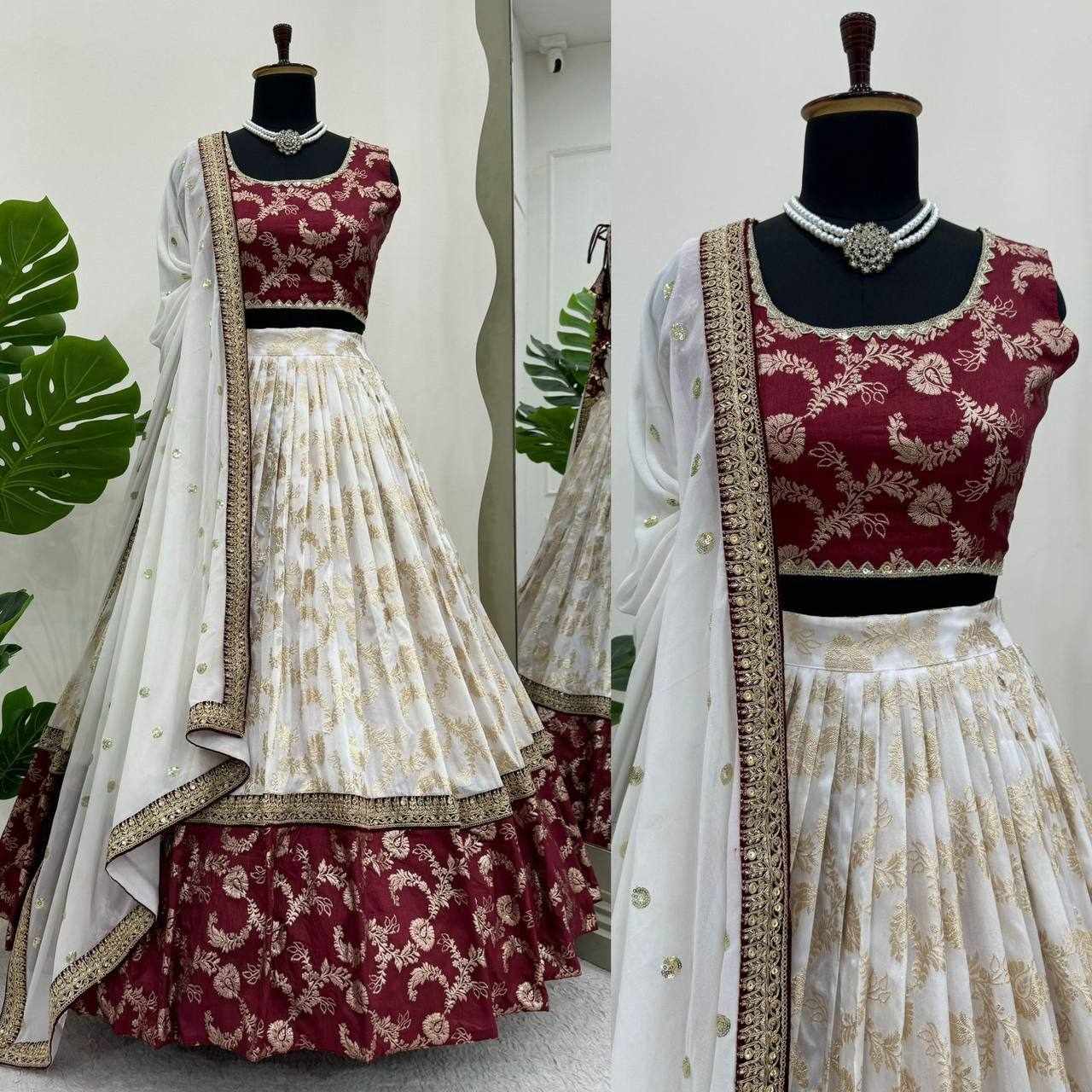 QRC 318 Jequrd Codeing with Sequnce Semi Stitch Red Lehengha