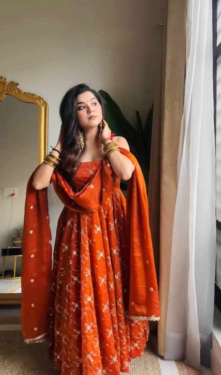 KD 1534 Elegant Ethnic Wear Orange Gown For Festivals